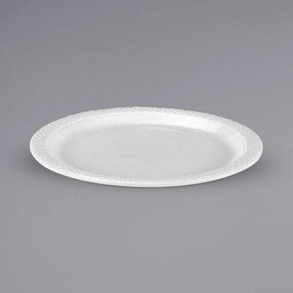 A white Bon Chef melamine bread and butter plate with a patterned rim.