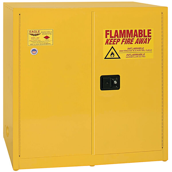 A yellow metal safety cabinet with a flammable sign.