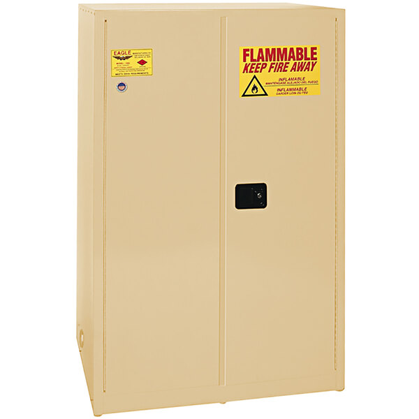 A white Eagle Manufacturing safety cabinet with a yellow label.