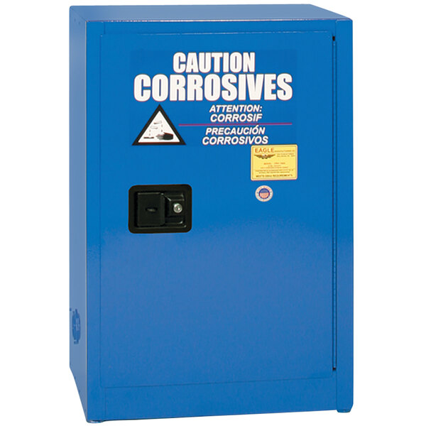 A blue Eagle Manufacturing safety cabinet for corrosives with white text.