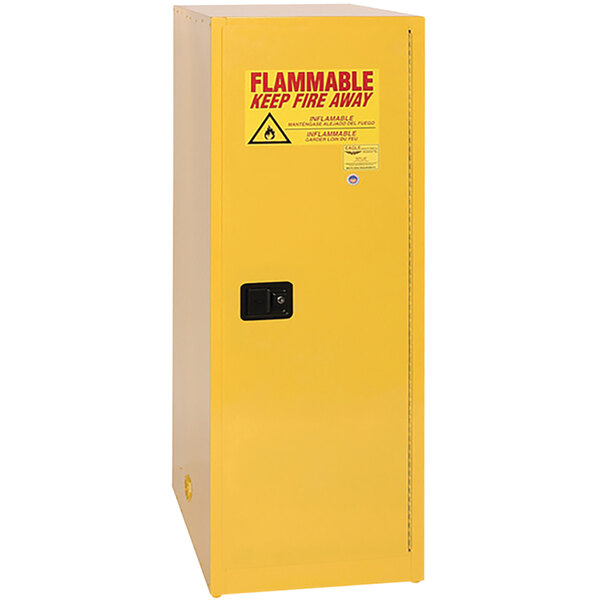 A yellow metal safety cabinet with a self-closing black door.