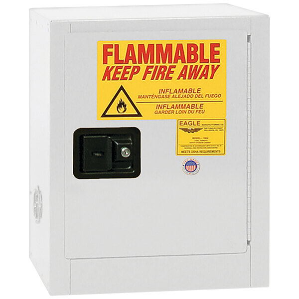 A white box with a yellow sign reading "Flammable - Keep Fire Away" and a lock.
