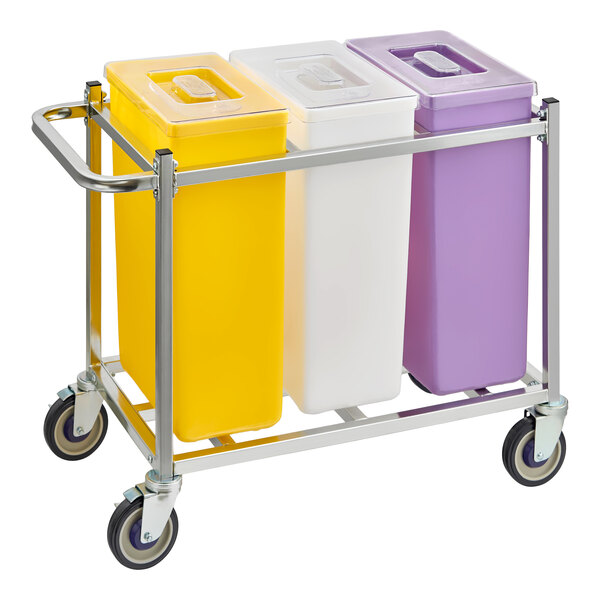 A mobile triple ingredient bin with yellow, white, and purple containers on a metal frame with wheels.