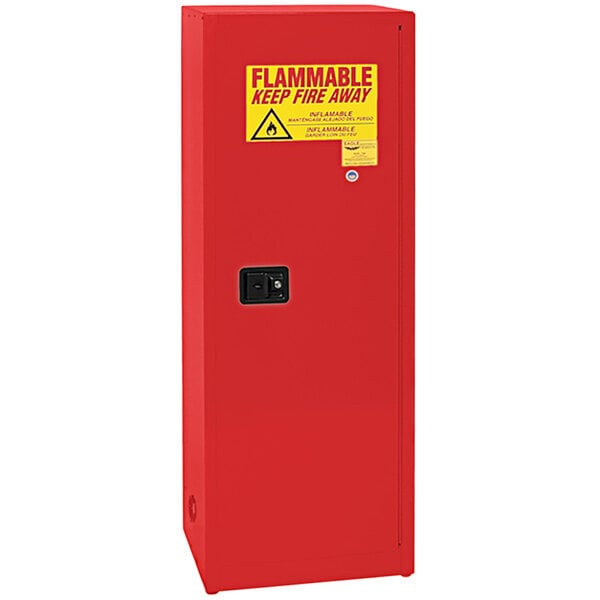 A red metal box with a black handle and yellow and red warning sign.