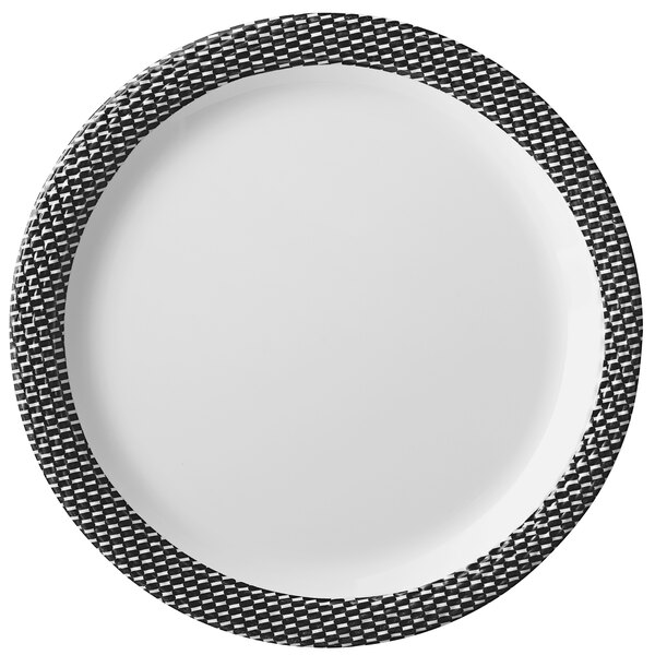 A white melamine salad plate with a black and white checkered rim.
