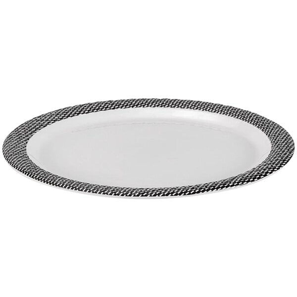 A white Bon Chef melamine dinner plate with black checkered trim.