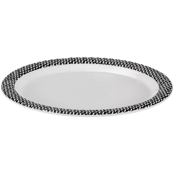 A Bon Chef melamine bread and butter plate with a black and white checkered rim.