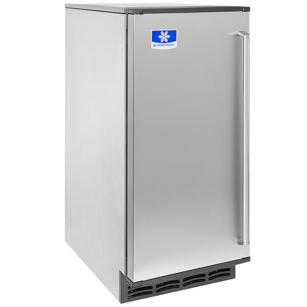 A stainless steel Manitowoc CrystalCraft undercounter ice machine with a silver door.
