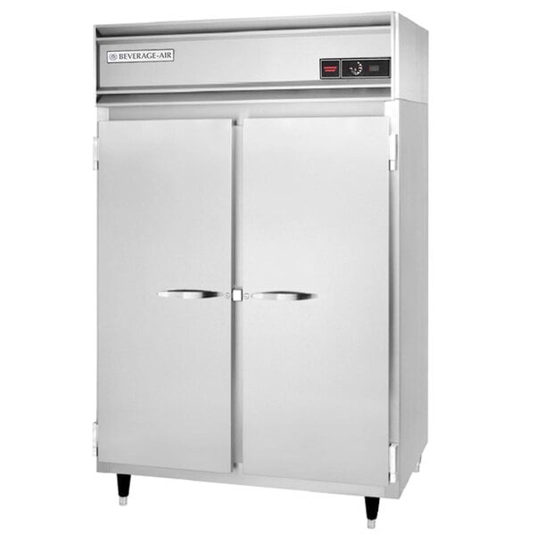 A stainless steel Beverage-Air holding cabinet with two doors.