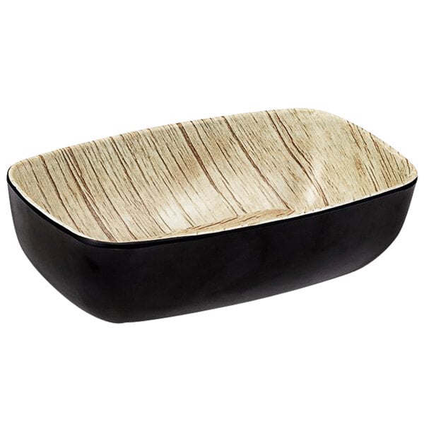 A black and white rectangular bowl with a wood pattern.