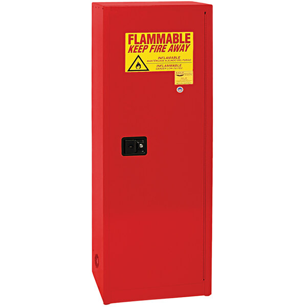 A red metal box with a black handle and yellow and red warning signs.