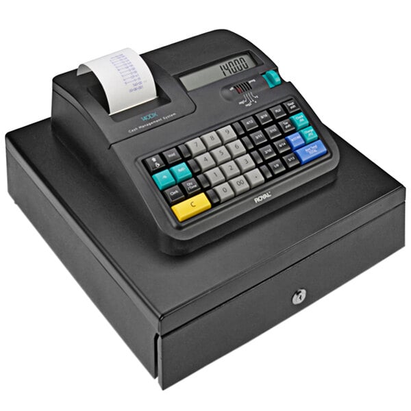 A Royal black cash register with a receipt printer on a counter.