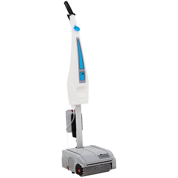 A Namco Floorwash 1000 walk behind cylindrical floor scrubber with a blue and white plastic bottle attached.