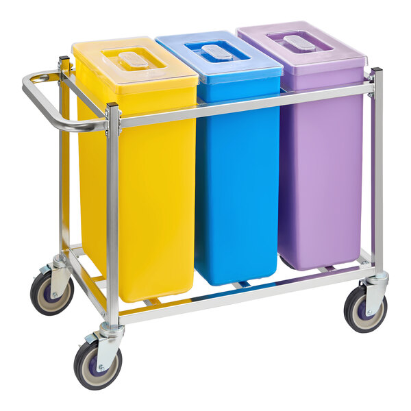 A mobile triple ingredient bin with yellow, blue, and purple containers on a metal frame with wheels.