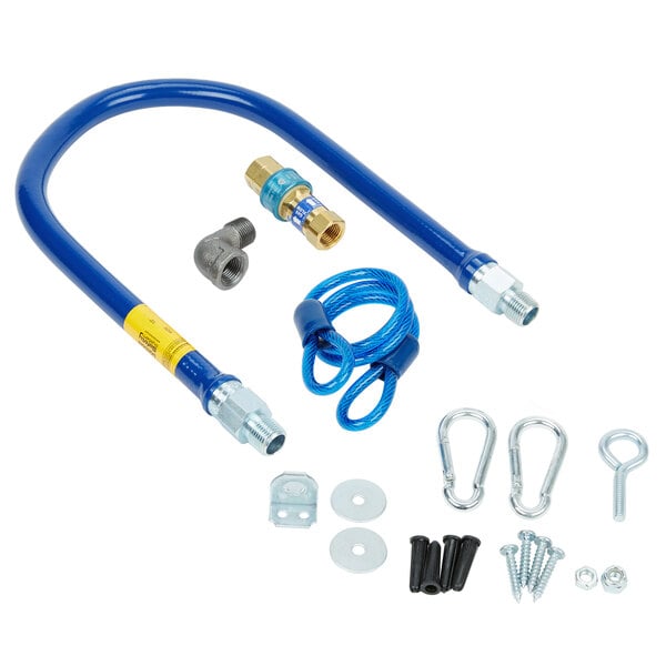 A blue Dormont gas connector hose kit with a restraining cable.