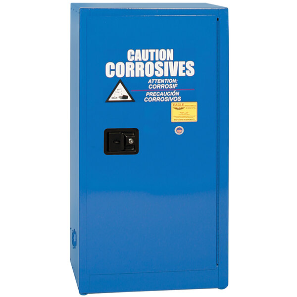 A blue Eagle Manufacturing safety cabinet for acid and corrosives with white text.