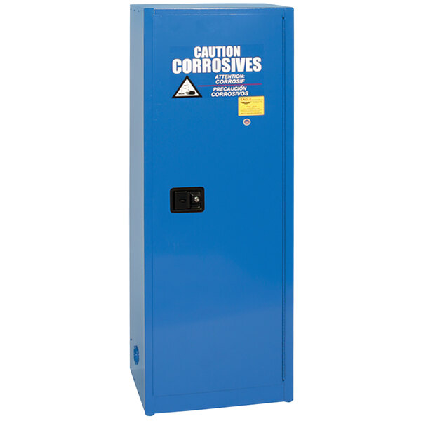 A blue metal Eagle Manufacturing safety cabinet with a black handle.