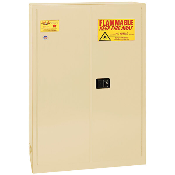A white Eagle Manufacturing safety cabinet with yellow labels.