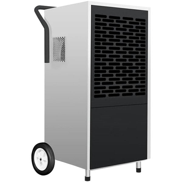 A large black rectangular dehumidifier with a black and silver handle.