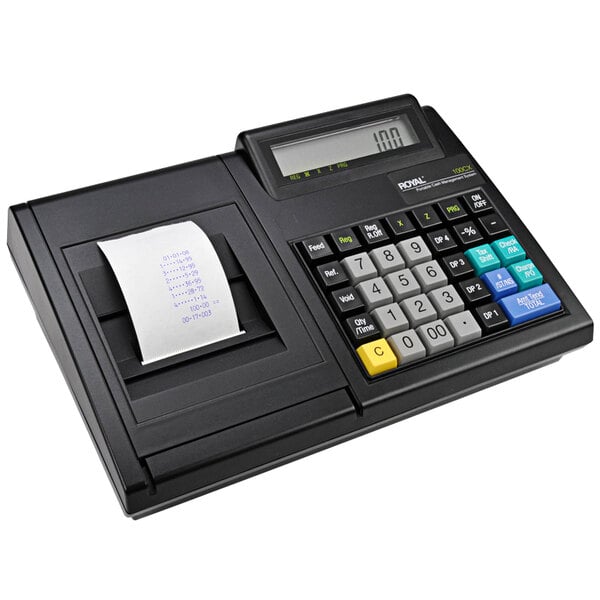 A black Royal Portable Cash Register 100CX electronic calculator with a paper receipt.