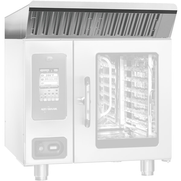 A large metal Alto-Shaam combi oven with a vented condensation hood.