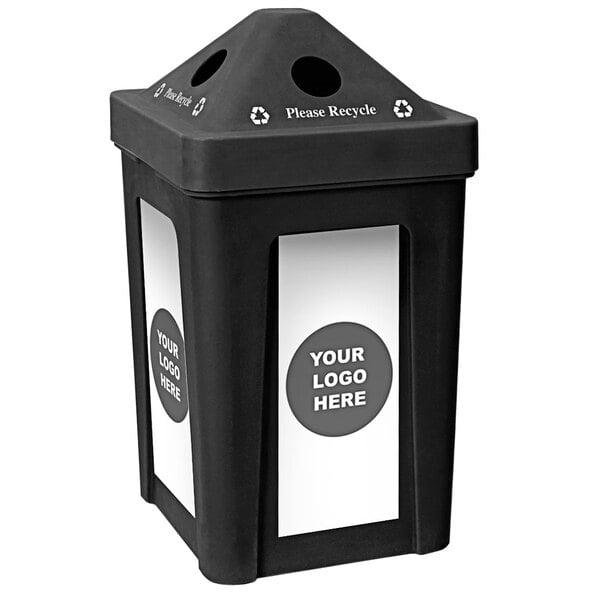 A black IRP square recycle bin with white labels on the lids.