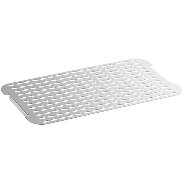A white metal tray with holes.