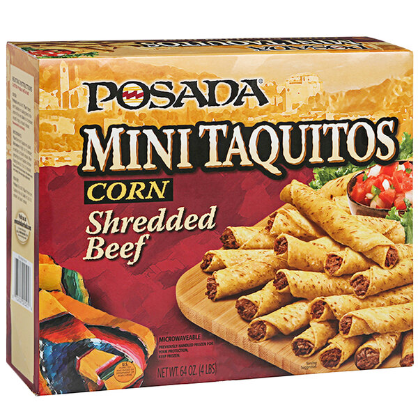 A box of Posada Mini Shredded Beef Taquitos.