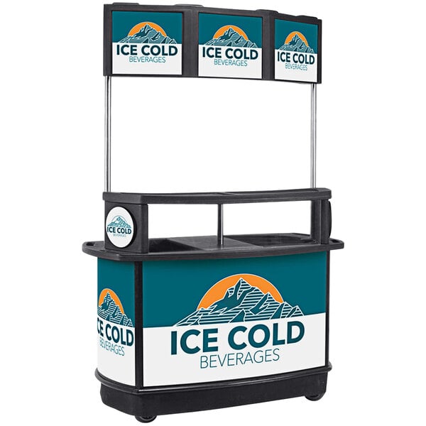 A black and white IRP illuminated tri-canopy beverage cart with signs that say ice cold beverages.