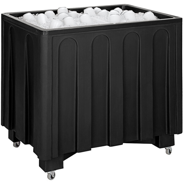 A black IRP Ice Saver mobile frost box filled with ice and cups.
