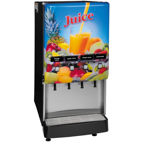 A Bunn juice dispenser with fruit on it.