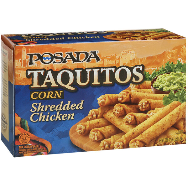 A box of Posada shredded chicken taquitos.