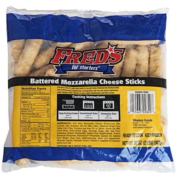 A bag of Fred's Battered Mozzarella Cheese Sticks on a white background.