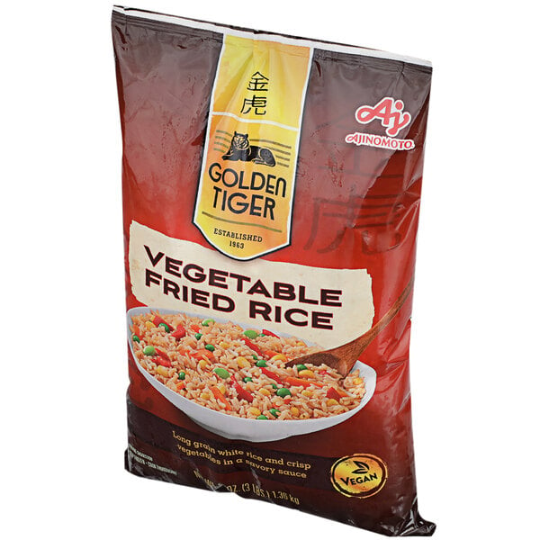 A white bag of Golden Tiger vegetable fried rice with a red label.