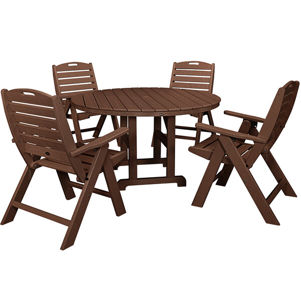 A POLYWOOD mahogany patio dining set with four folding chairs on a table.