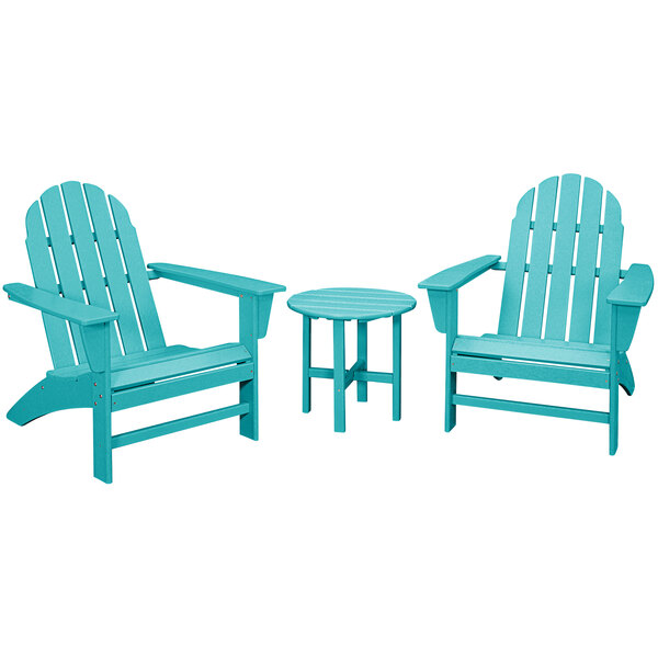 A POLYWOOD turquoise Adirondack chair and table set on an outdoor patio.