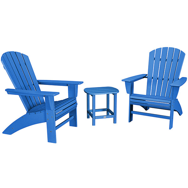 A POLYWOOD patio set with three Pacific Blue Adirondack chairs and a table.