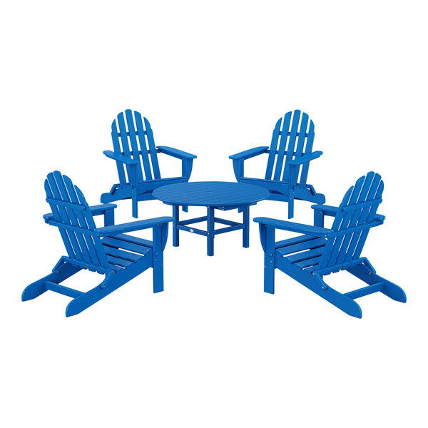 POLYWOOD Classic 5-Piece Pacific Blue Patio Set with 4 Folding Adirondack Chairs