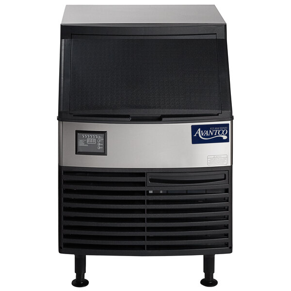 An Avantco undercounter ice machine with a black and silver design.