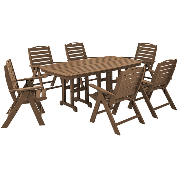 A POLYWOOD teak dining set with 6 chairs on an outdoor patio.