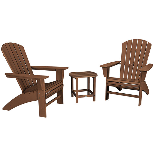 A brown POLYWOOD Nautical Curveback Adirondack chair with armrests.