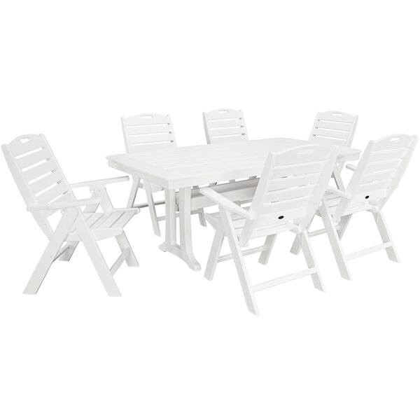 A white POLYWOOD Nautical dining set with table and chairs.
