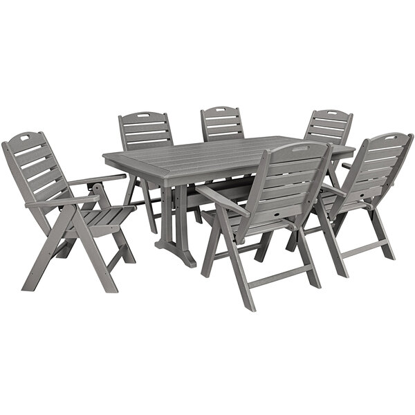 A POLYWOOD gray outdoor dining set with a Nautical table and six folding chairs.