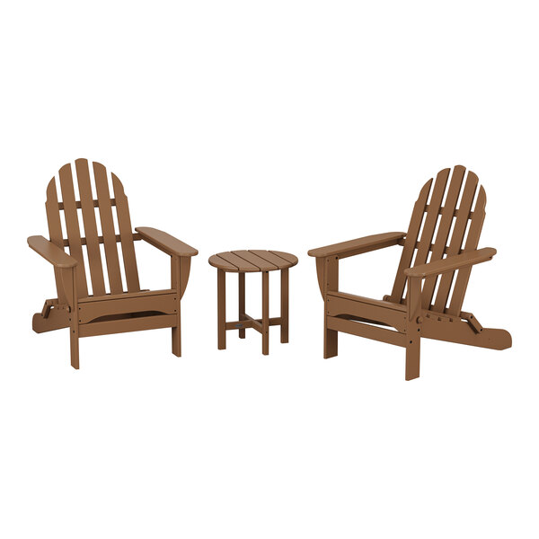 POLYWOOD Classic Teak Patio Set with Side Table and 2 Folding Adirondack Chairs