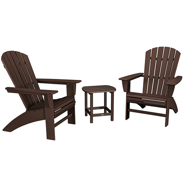 A brown POLYWOOD table and chairs set with three Curveback Adirondack chairs.