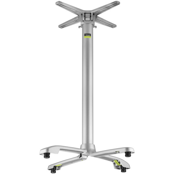 A silver metal FLAT Tech bar height table base with a yellow flip top mechanism.
