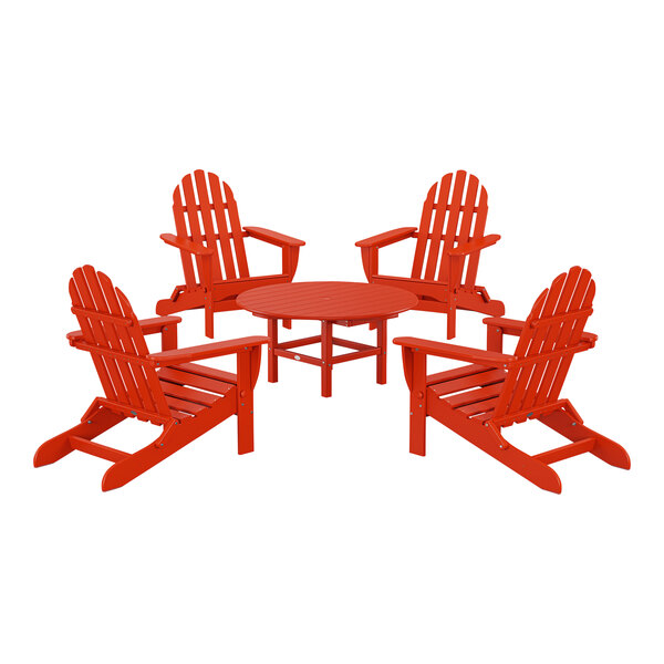 POLYWOOD Classic 5-Piece Sunset Red Patio Set with 4 Folding Adirondack Chairs