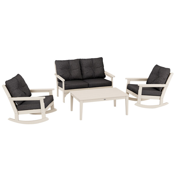 POLYWOOD Vineyard Sand / Ash Charcoal 4-Piece Deep Seating Patio Set with Newport Table and Vineyard Rocking Chairs