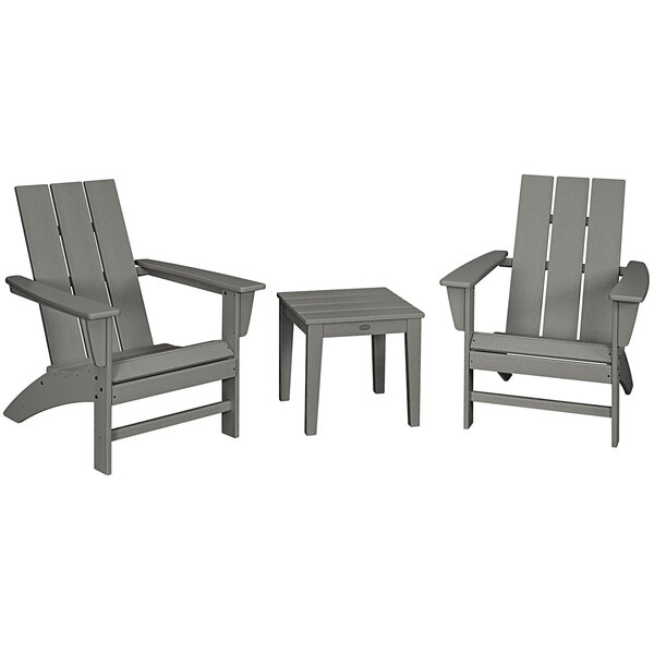 A group of three grey POLYWOOD Adirondack chairs and a square table.