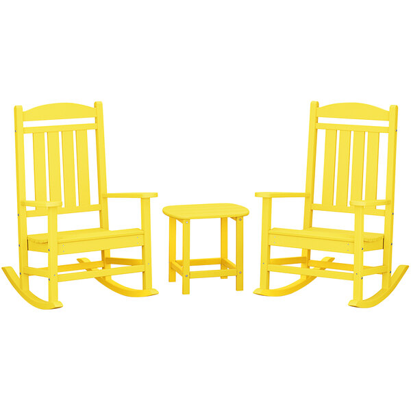 A yellow POLYWOOD Presidential rocking chair with a small table.